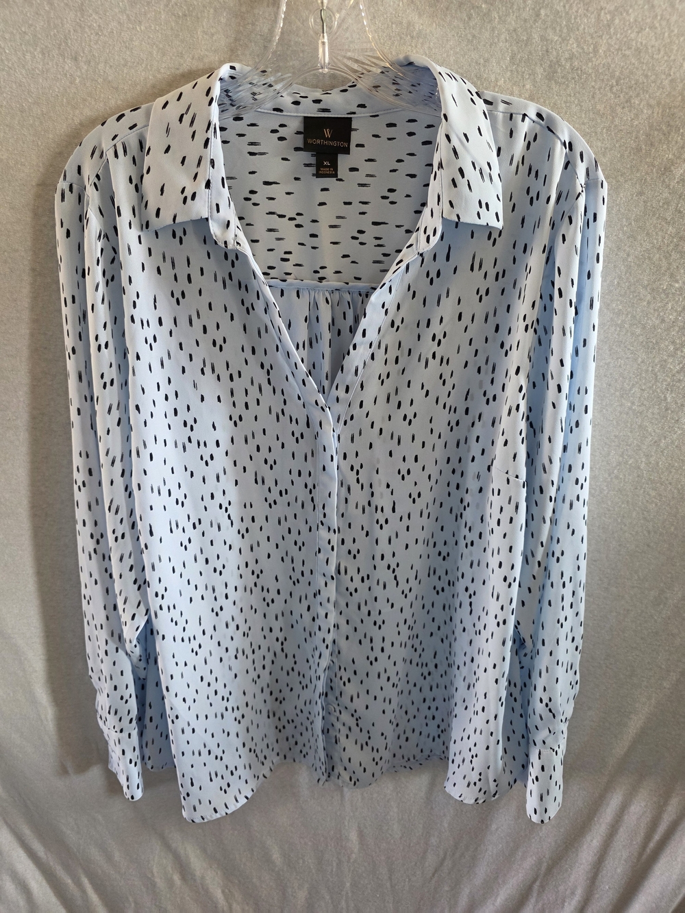 Worthington Pale Blue Button-Up Blouse with Black Spot Print